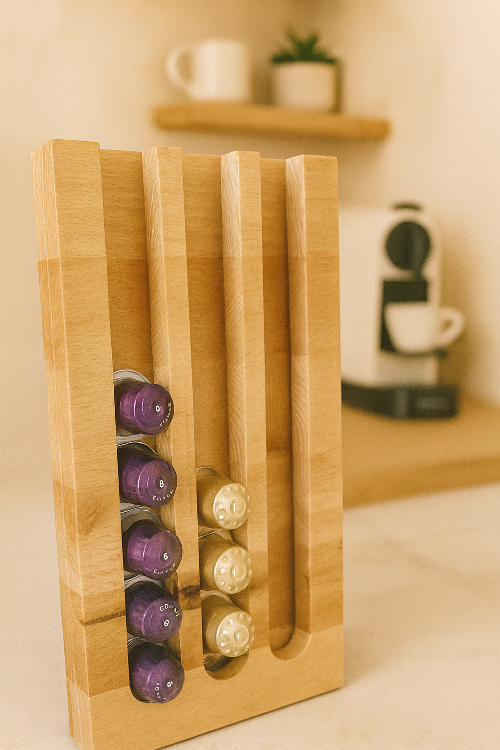 Masif Kayın Kapsül Standı (Nespresso® Uyumlu) – Dikey Kahve Kapsül Düzenleyici